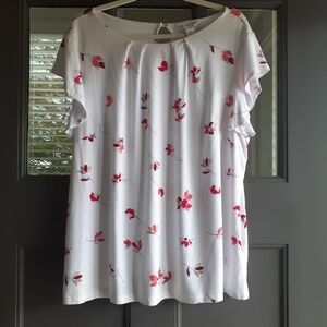 Liz Clairborne Floral White and Pink Pleated Flowy Women's Top Blouse Size 1X